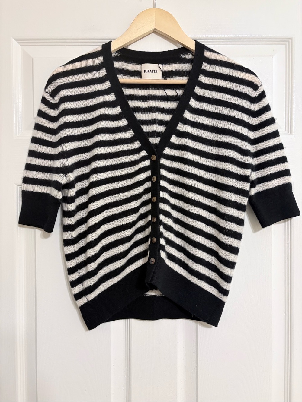 Khaite Dianna Short-Sleeve Striped Cashmere Cardigan - Small - Picture 7 of 10
